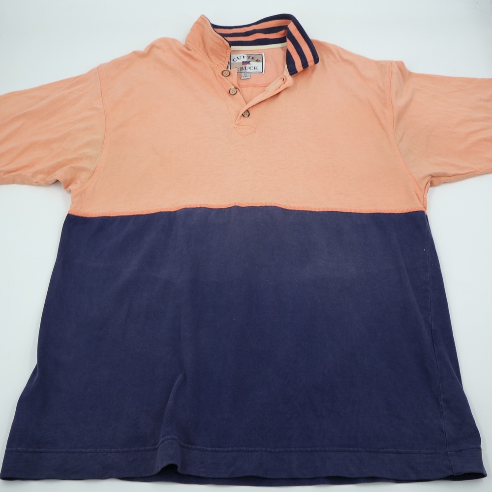 Cutter & Buck Polo Shirt Mens XL Peach Navy Colorblock Striped Collar Vintage